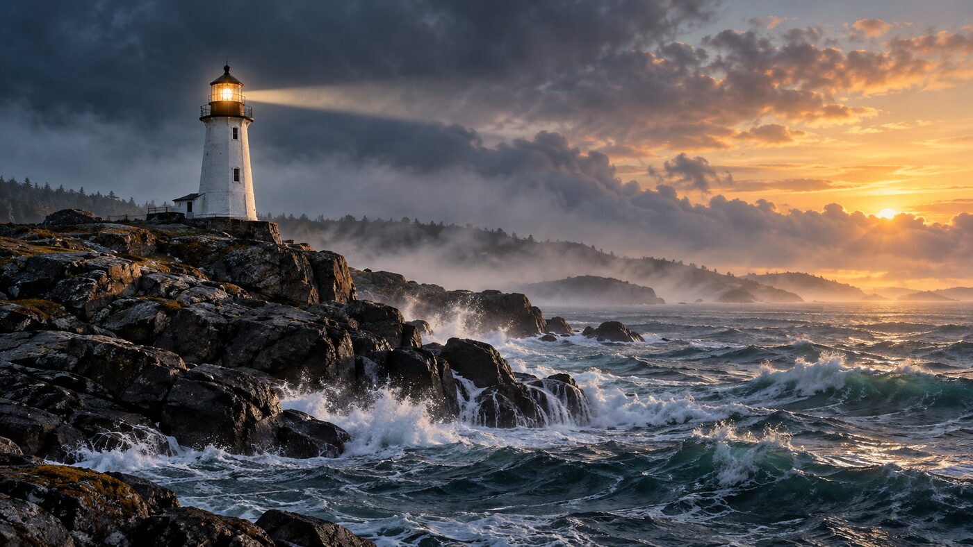 A lighthouse fixed on rock shining steadily through unsettled weather as dawn breaks