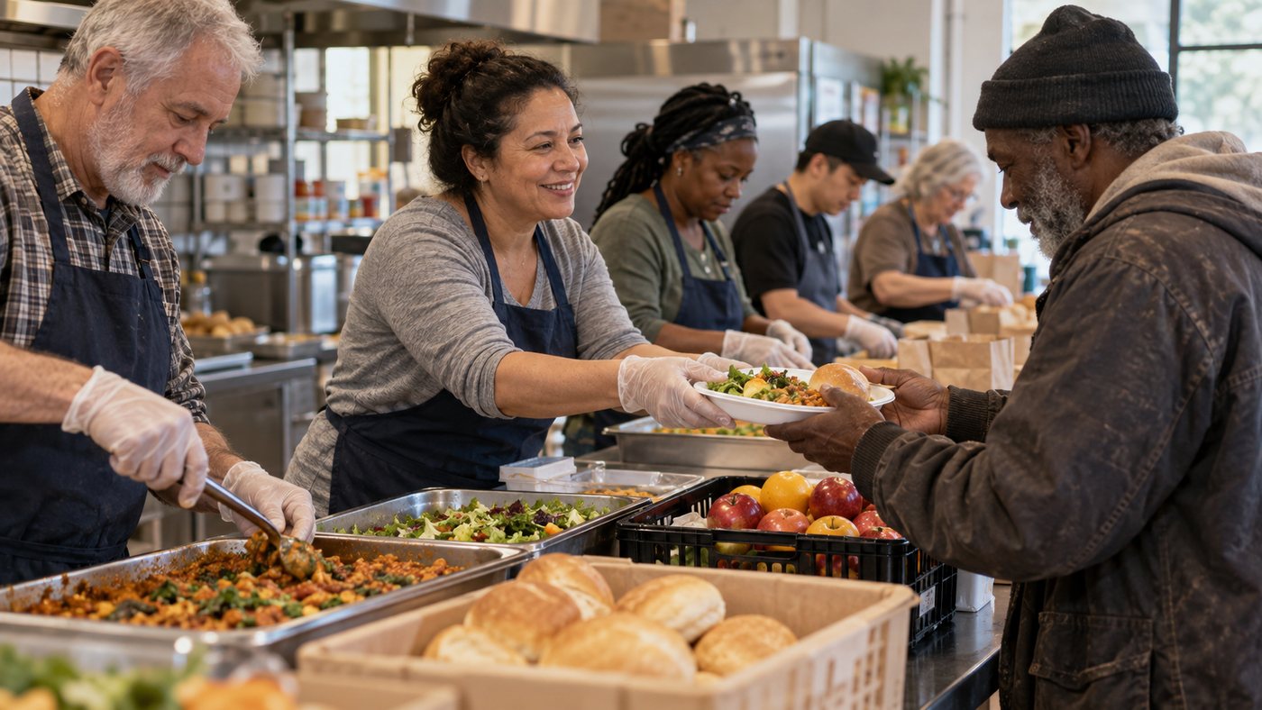 Volunteers preparing and serving nourishing meals together in a community kitchen