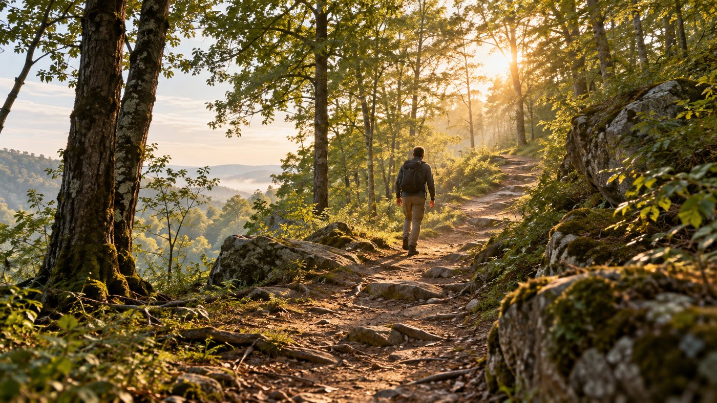 A person walking along an uneven woodland path toward the morning light