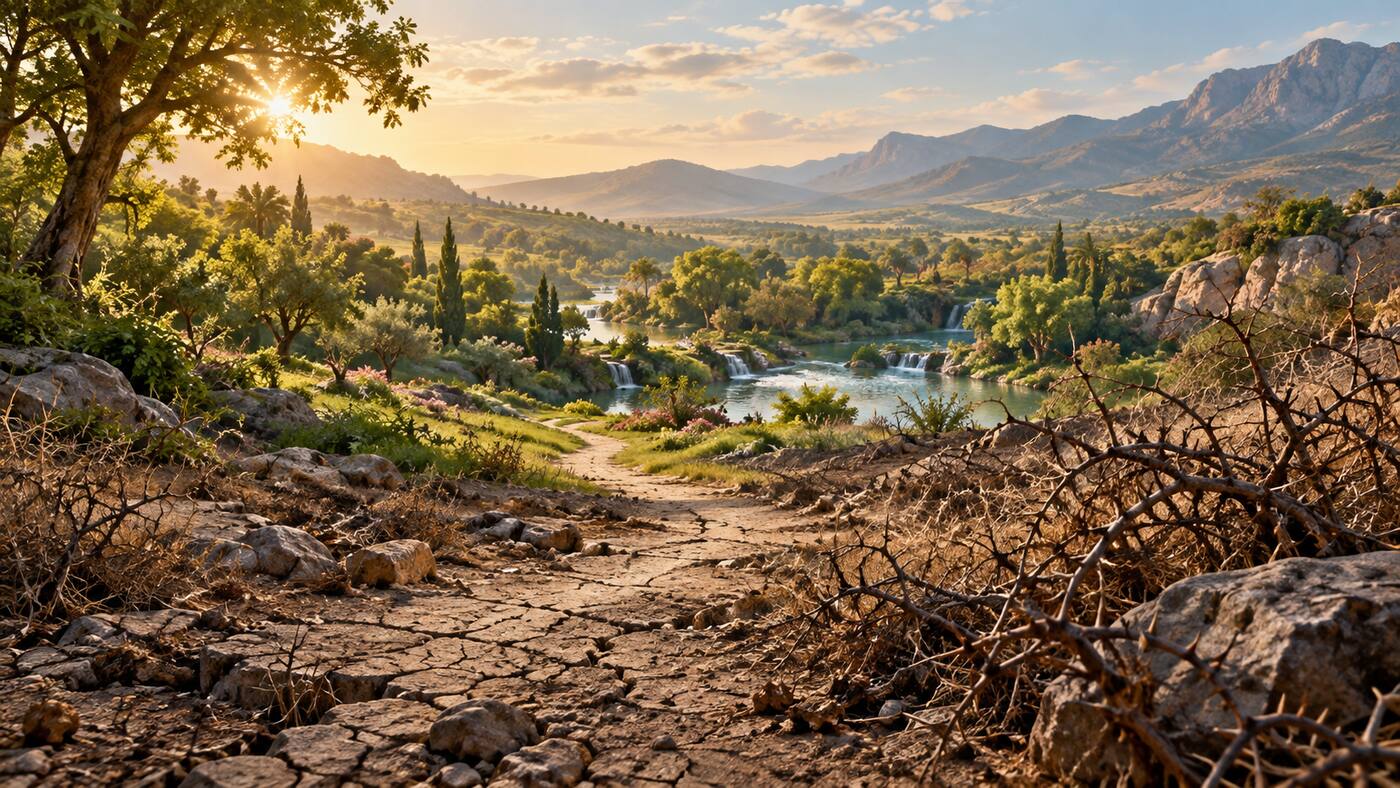 A fertile garden beyond a path of broken ground and encroaching thorns