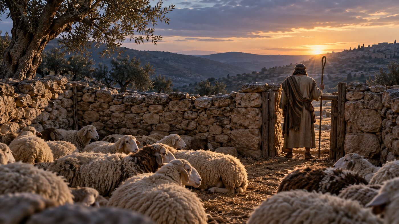 A shepherd guarding the entrance to an ancient stone sheepfold while the flock rests safely within