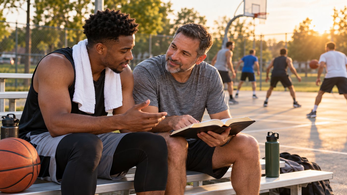 Two believers discussing Scripture beside a community basketball court after a game
