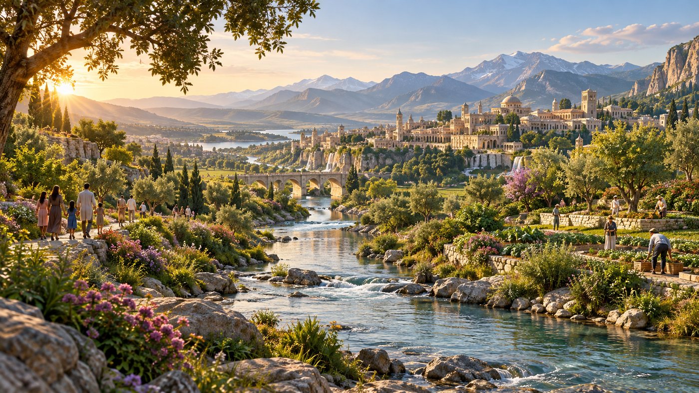 People sharing meaningful life in a beautiful renewed creation beside a river flowing toward a flourishing city