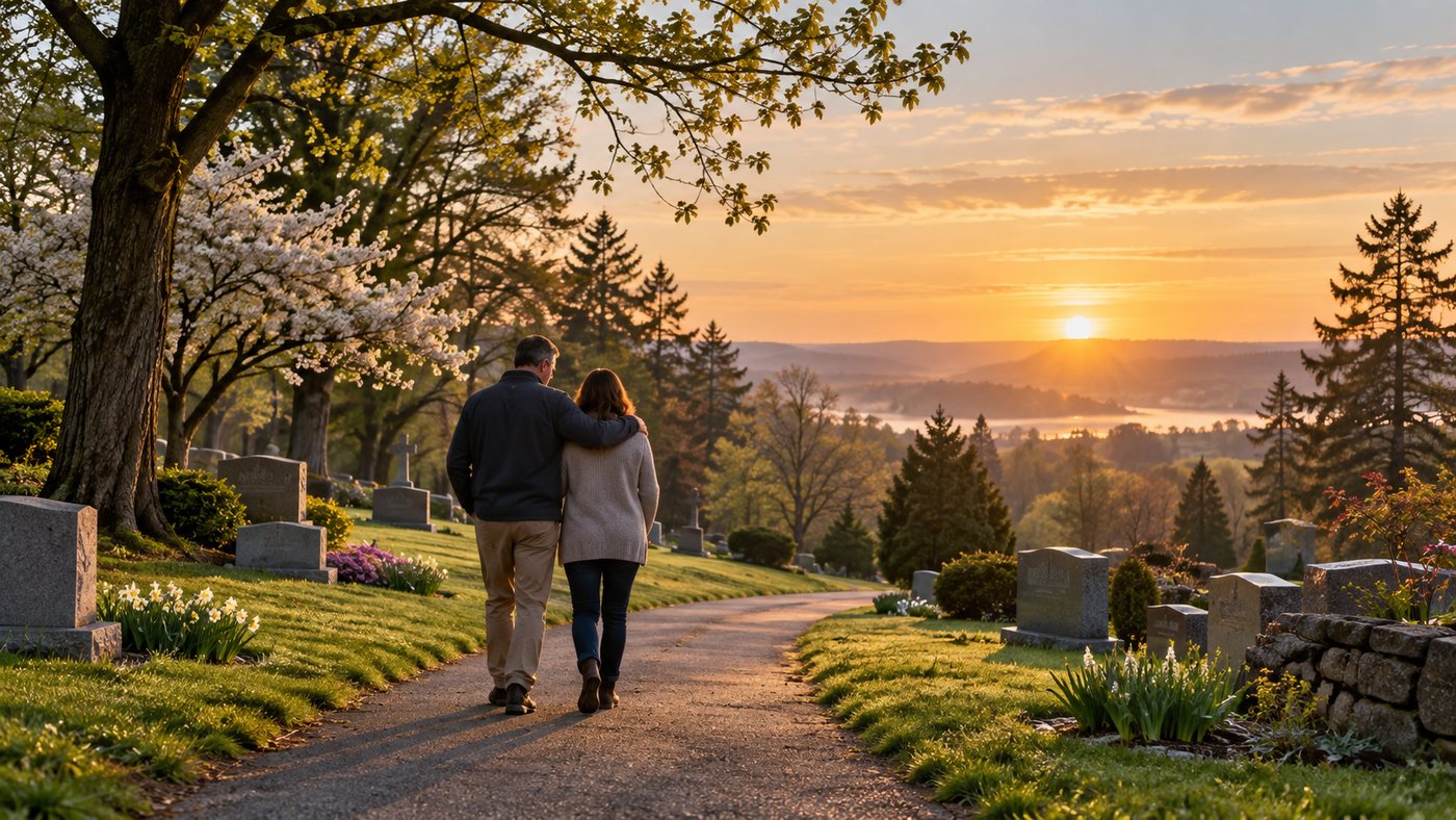 Two believers supporting one another as they walk through a cemetery toward the morning light