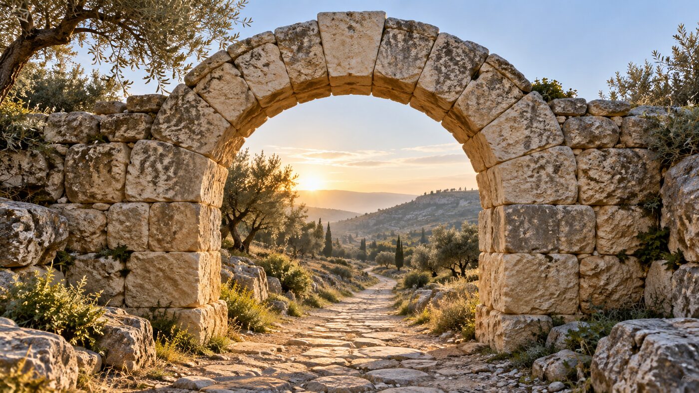 A completed ancient stone arch opening onto a path that continues into the distance