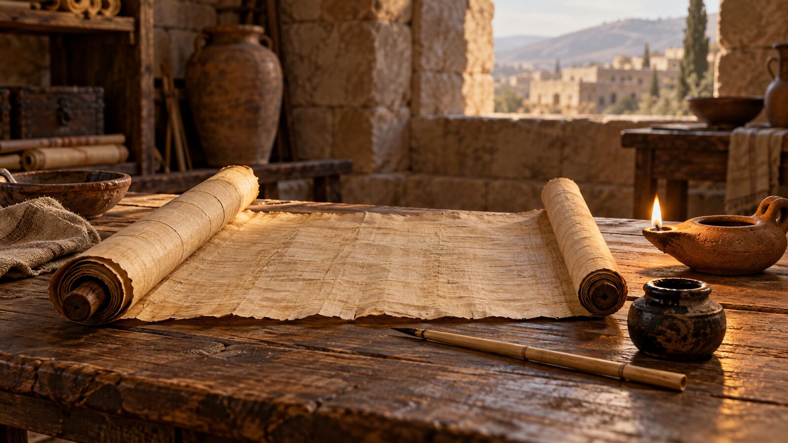 An ancient scribe's desk with an open scroll, reed stylus, inkwell, and oil lamp