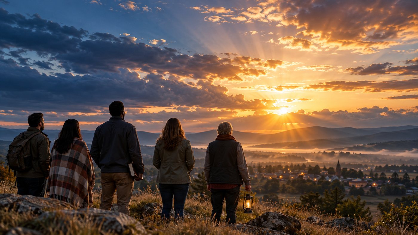 Believers watching the night give way to dawn above a quiet town as they await Christ's promised return