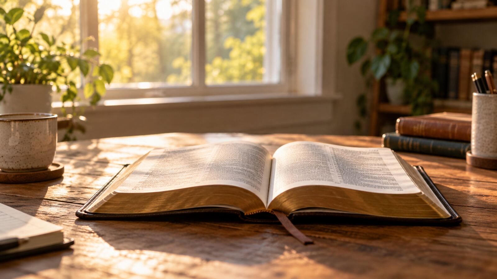 An open Bible resting on a wooden table in warm morning light