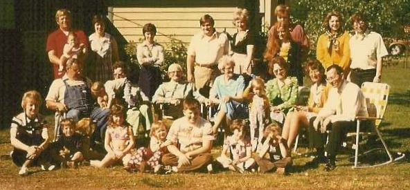 An extended family gathering at the Vaughan Homestead around 1972